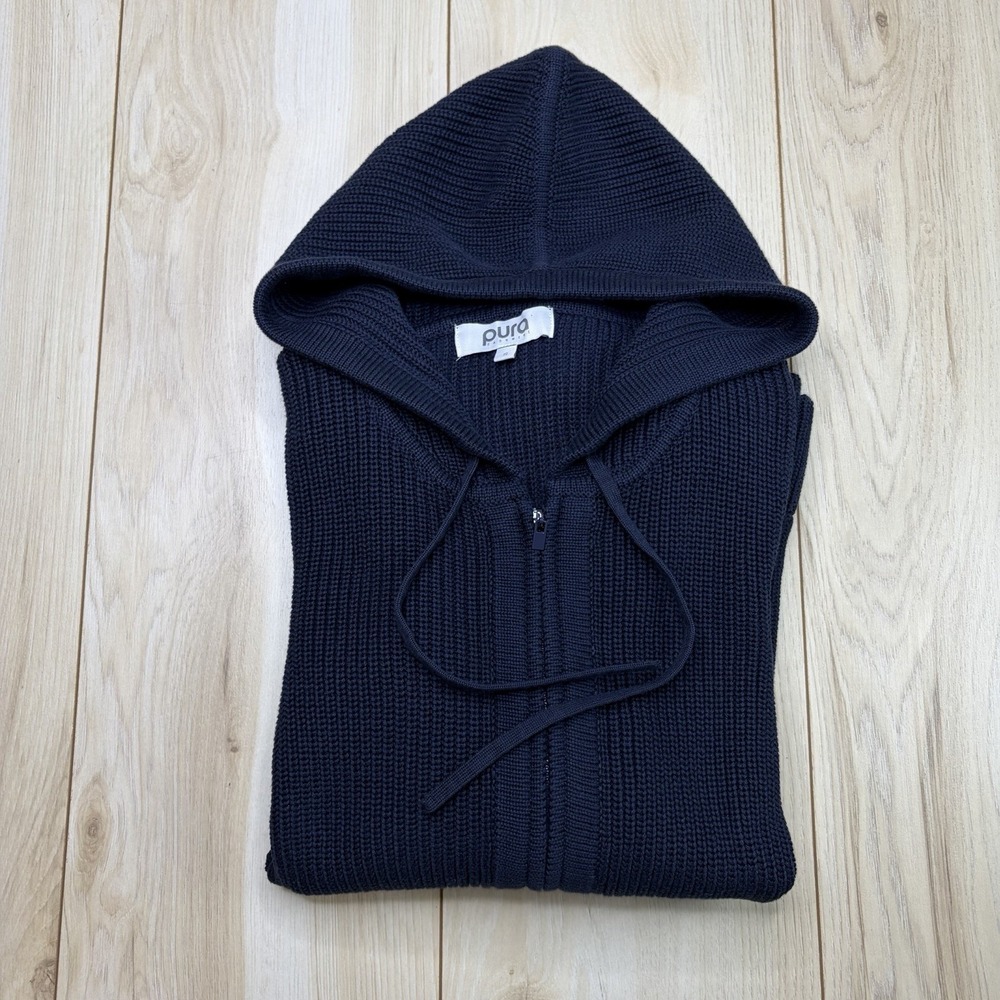 Pura Cashmere Supima Cotton Fisherman Hoodie Womens Size Small Blue Comfort